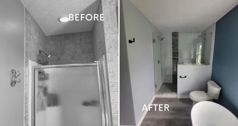 Before and after bathroom photographs featuring a newly installed walk-in shower
